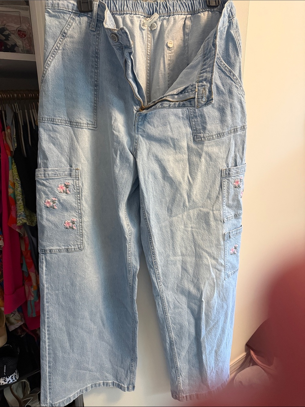 No Boundaries Light Blue Wide Leg Embroidered Cargo Jeans